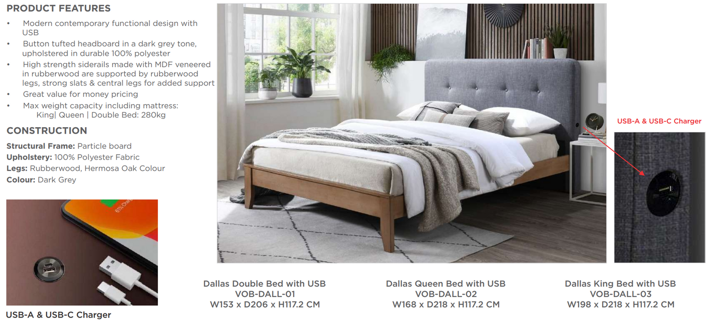Dallas King Bed with USB Charging & Button Tufted Headboard