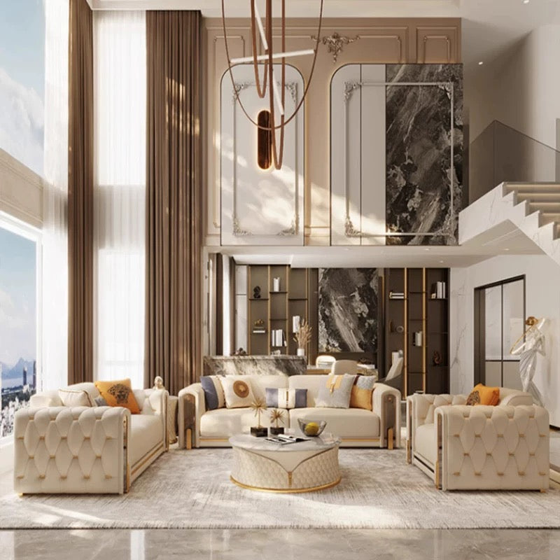 RoyalLuxe Chesterfield Genuine Leather Sofa Set