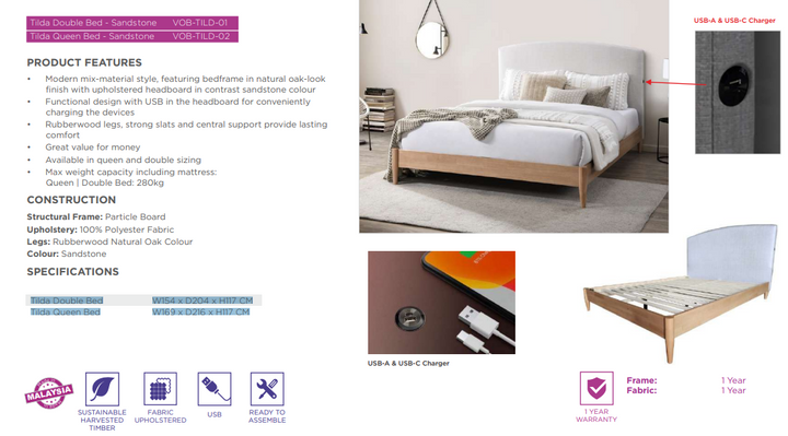 Tilda Bed with USB Charging & Oak Finish