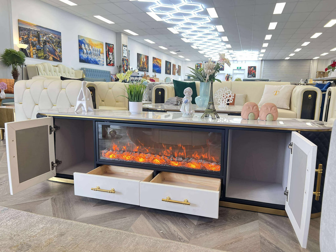 Modern living room with a stylish electric fireplace console table.
