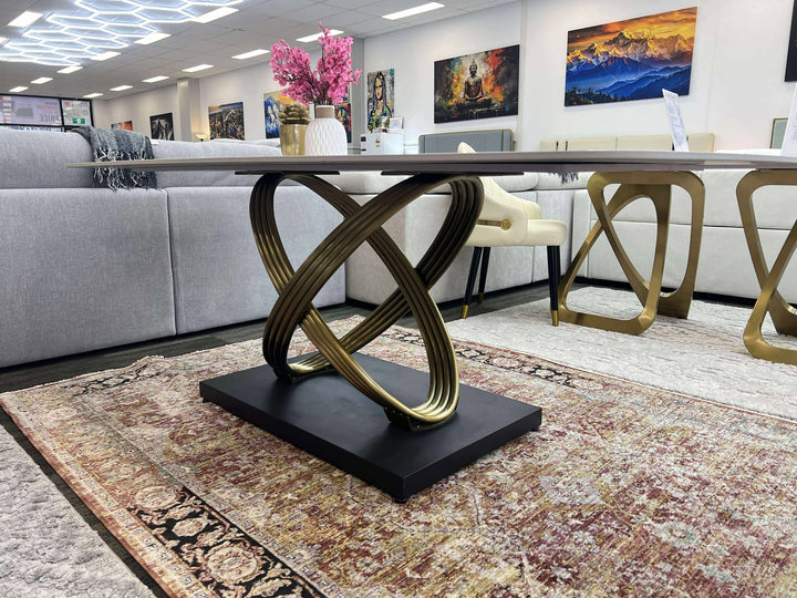 Modern interior design with a unique table and stylish decor elements.