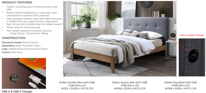 Dallas King Bed with USB Charging & Button Tufted Headboard
