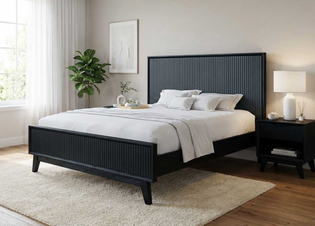 Ella Solid Acacia Queen Bed in Brushed Black