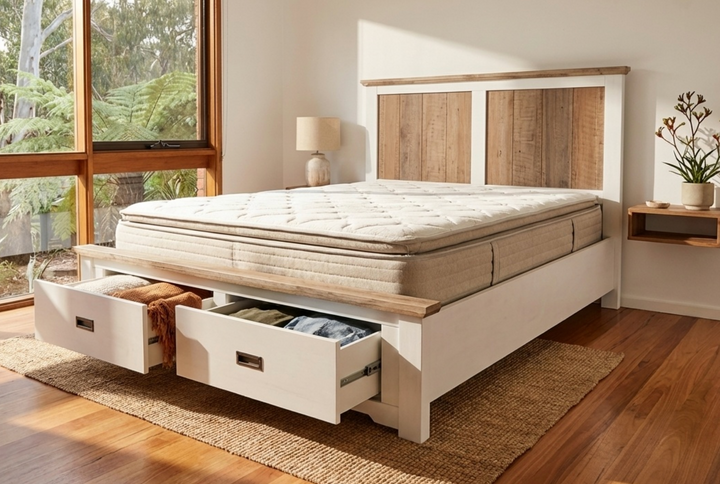 Folkestone Queen Bed with Footboard Drawers & Acacia Top