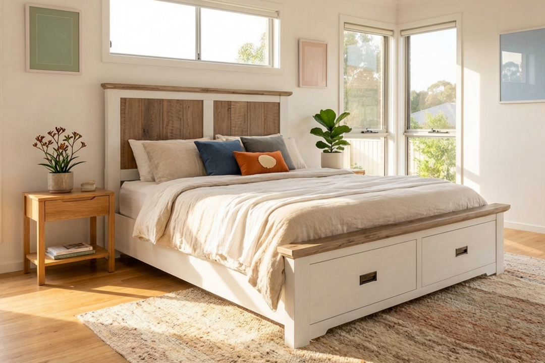 Folkestone Queen Bed with Footboard Drawers & Acacia Top