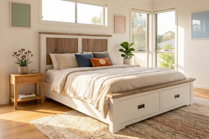 Folkestone Queen Bed with Footboard Drawers & Acacia Top