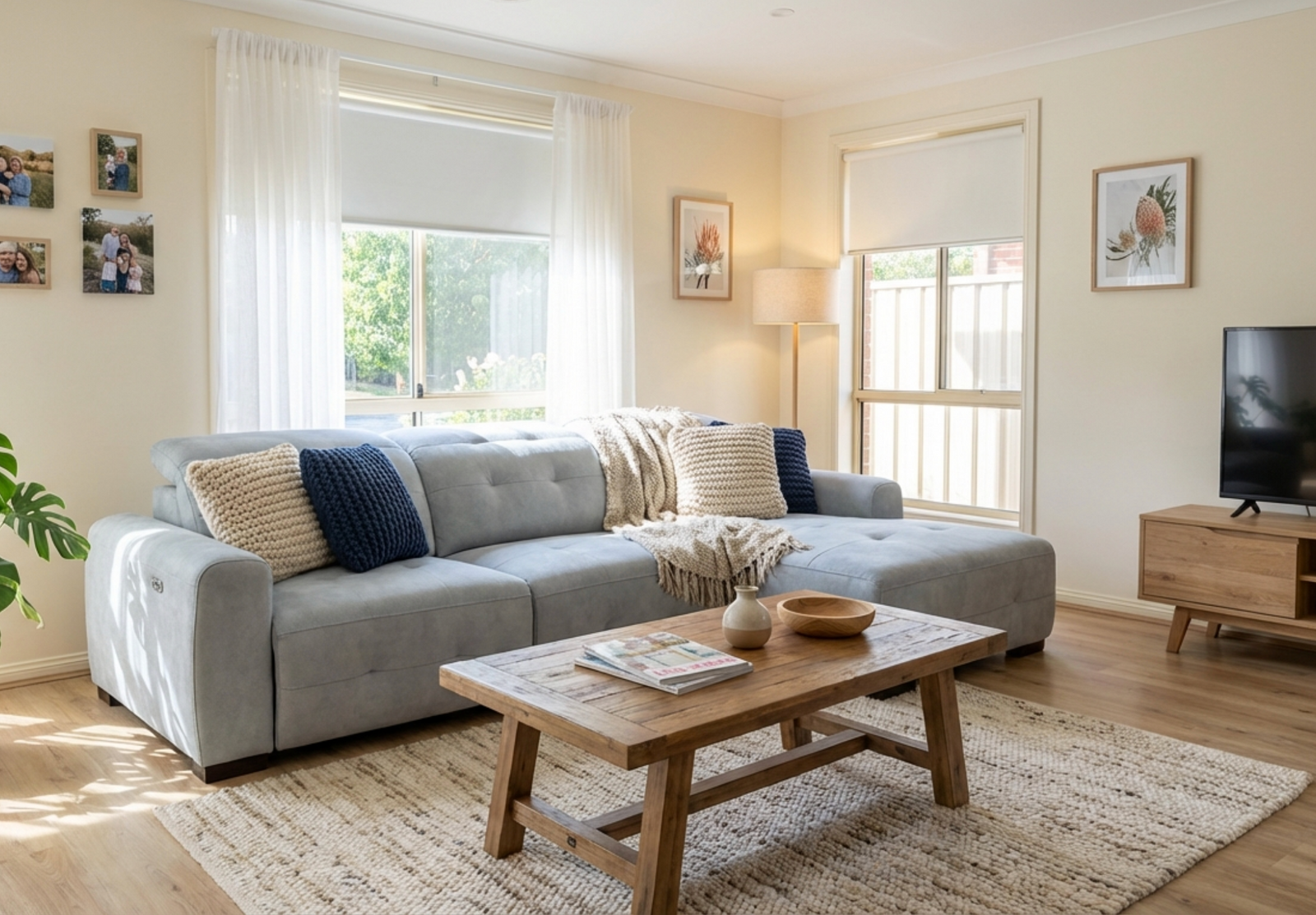Living room with a gray sectional sofa, wooden coffee table, and TV.