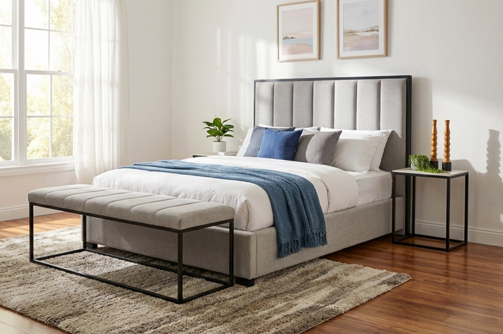 Klimt Bed with Tall Channel Headboard & Marble Bedside