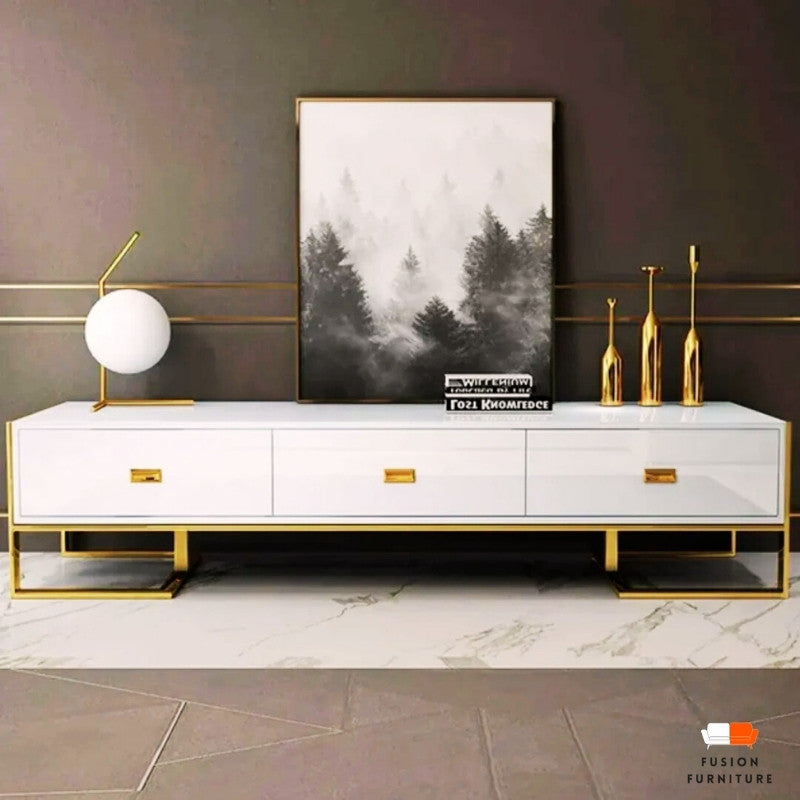OREO TV UNIT - White Wood & Gold Steel Entertainment Stand