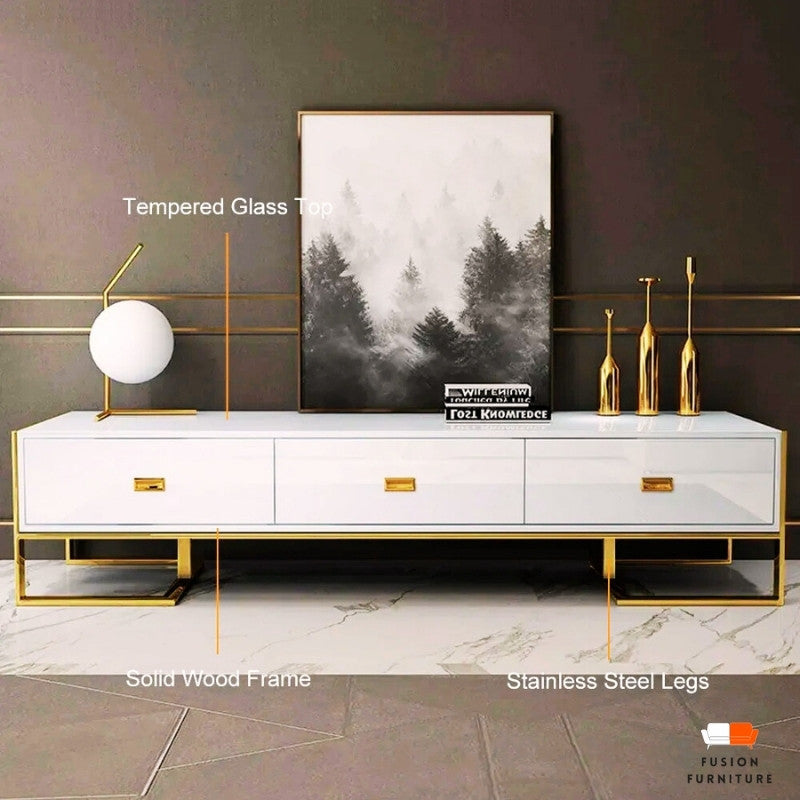 OREO TV UNIT - White Wood & Gold Steel Entertainment Stand
