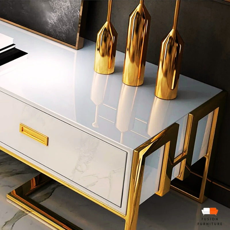 OREO TV UNIT - White Wood & Gold Steel Entertainment Stand