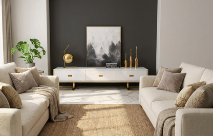 OREO TV UNIT - White Wood & Gold Steel Entertainment Stand