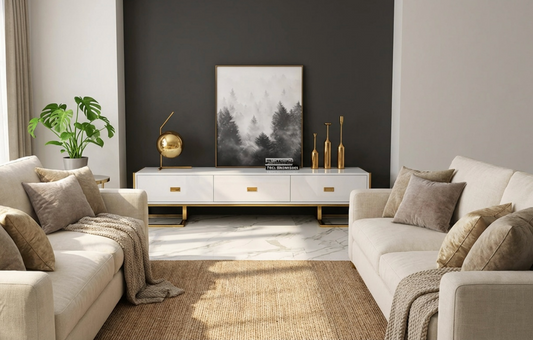 OREO TV UNIT - White Wood & Gold Steel Entertainment Stand