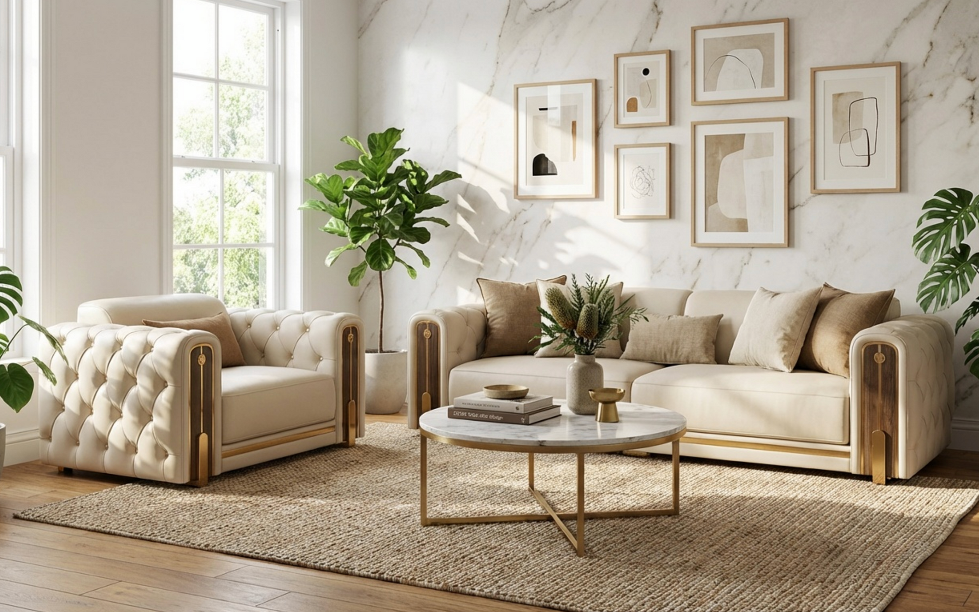 RoyalLuxe Chesterfield Genuine Leather Sofa Set