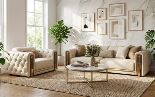 RoyalLuxe Chesterfield Genuine Leather Sofa Set